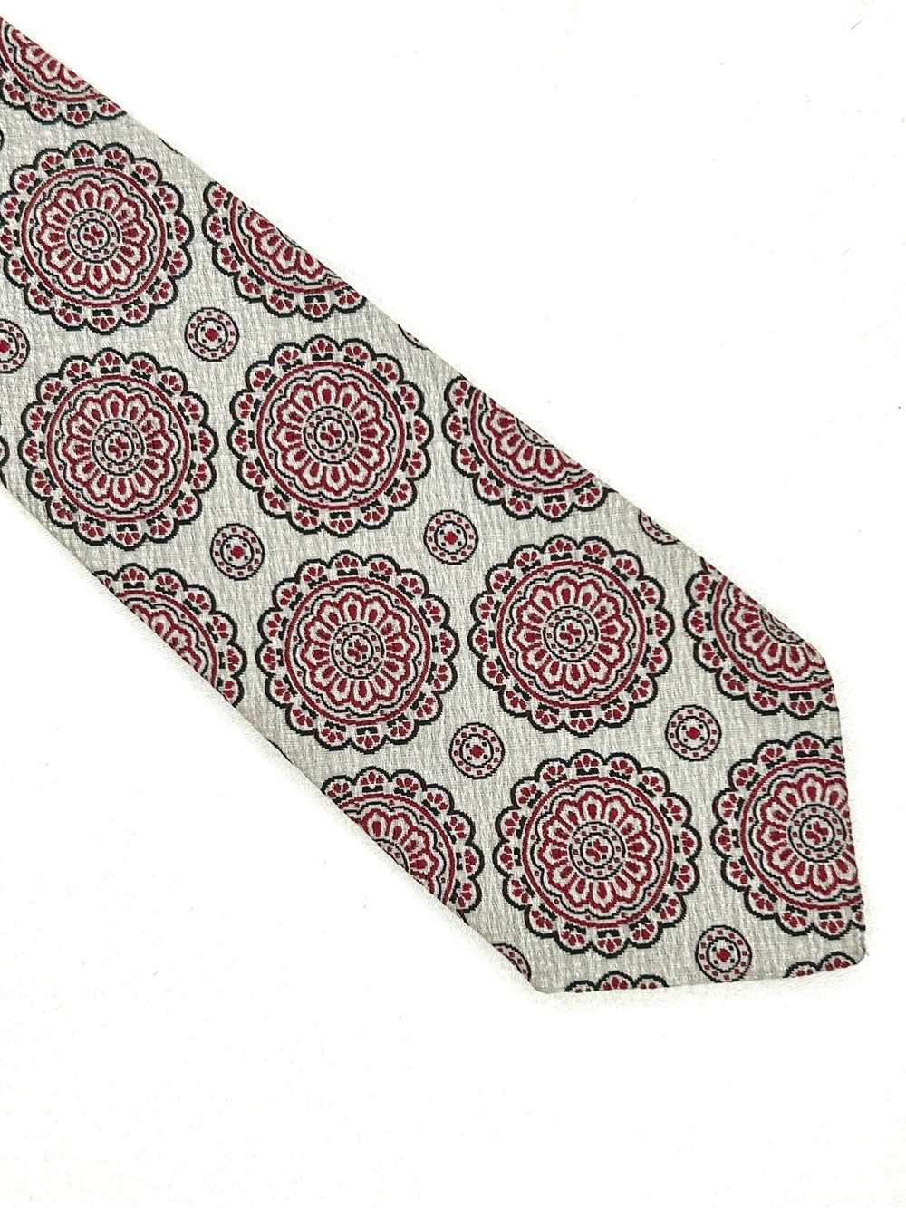 Vintage 70s Hardy Amies Extra Wide Silver & Red Floral Medallion Motif Poly
